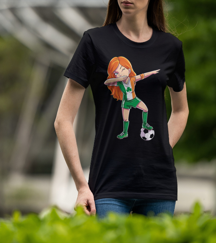 Dabbing Irish Soccer Girl With Shamrock Jersey And Football T-Shirt