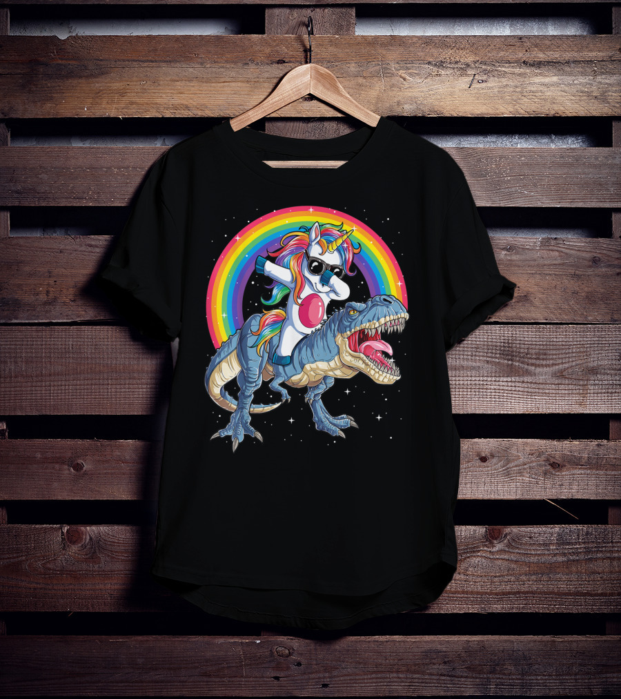 Dabbing Unicorn Riding T-Rex Under Rainbow In Space T-Shirt