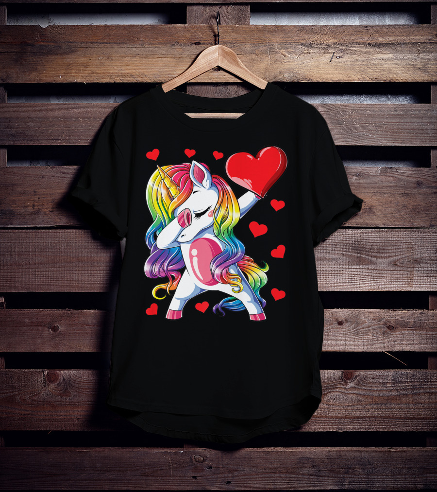 Valentine's Day Rainbow Dabbing Unicorn With Heart And Hearts T-Shirt