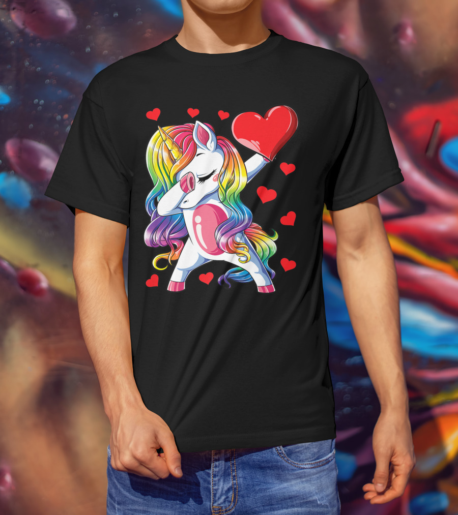 Valentine's Day Rainbow Dabbing Unicorn With Heart And Hearts T-Shirt