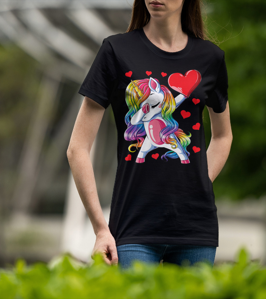 Valentine's Day Rainbow Dabbing Unicorn With Heart And Hearts T-Shirt