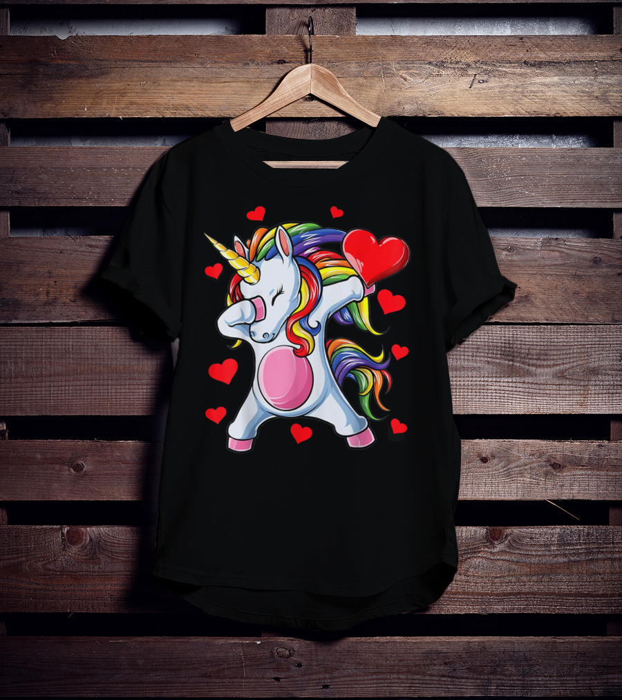 Valentines Day Dabbing Unicorn With Heart Girls T-Shirt