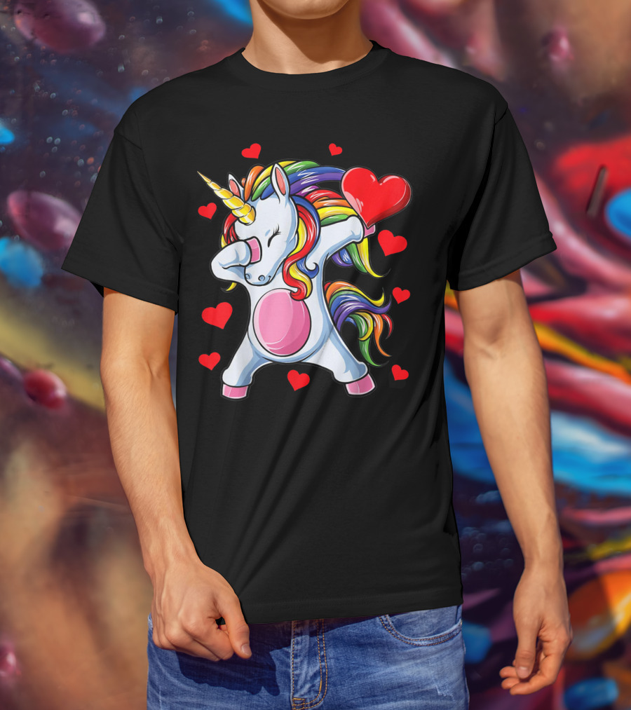 Valentines Day Dabbing Unicorn With Heart Girls T-Shirt