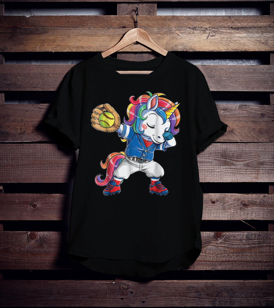 Dabbing Rainbow Unicorn In Softball Uniform Girls Dab T-Shirt