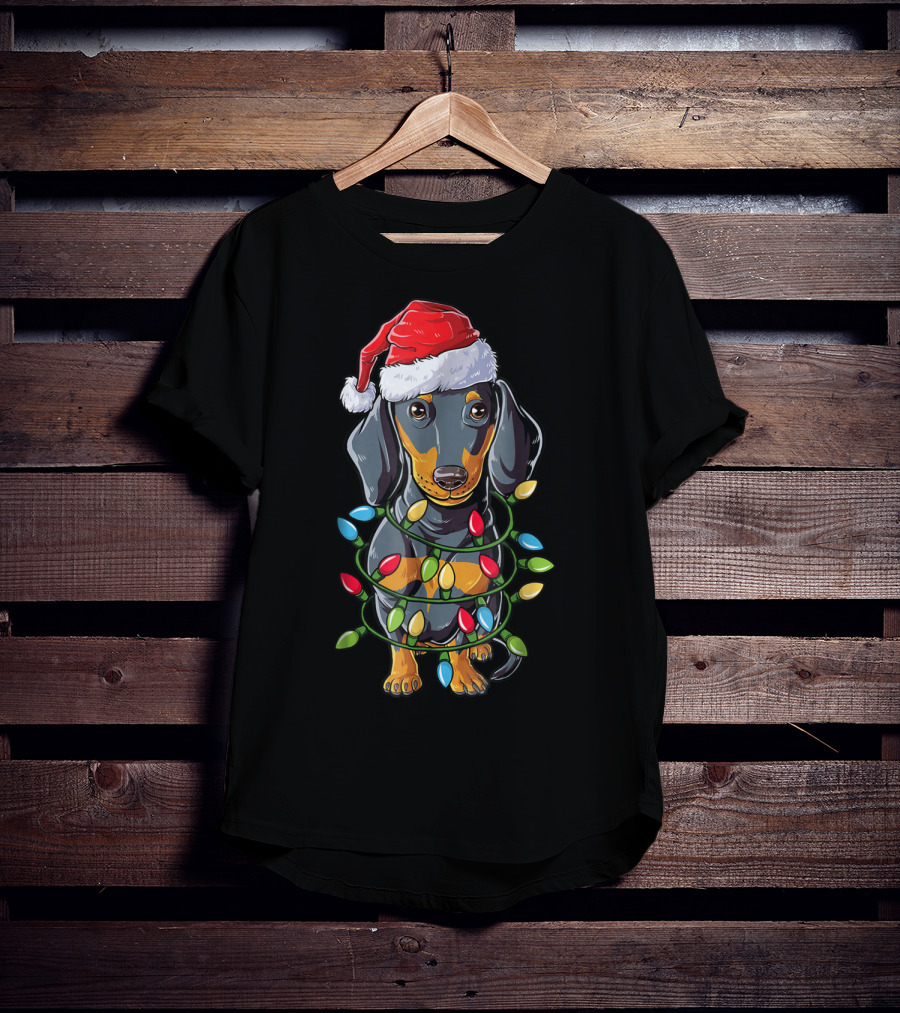 Dachshund Dog In Santa Hat With Christmas Tree Lights T-Shirt