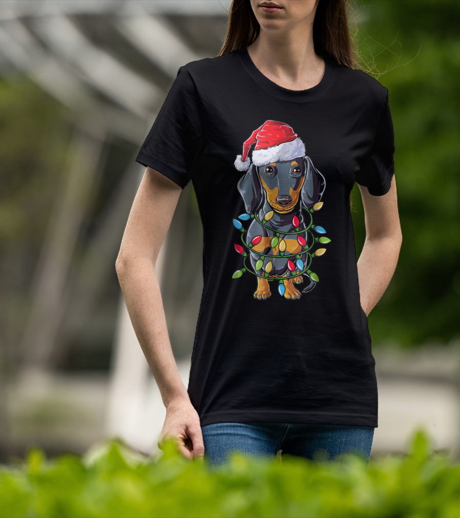 Dachshund Dog In Santa Hat With Christmas Tree Lights T-Shirt
