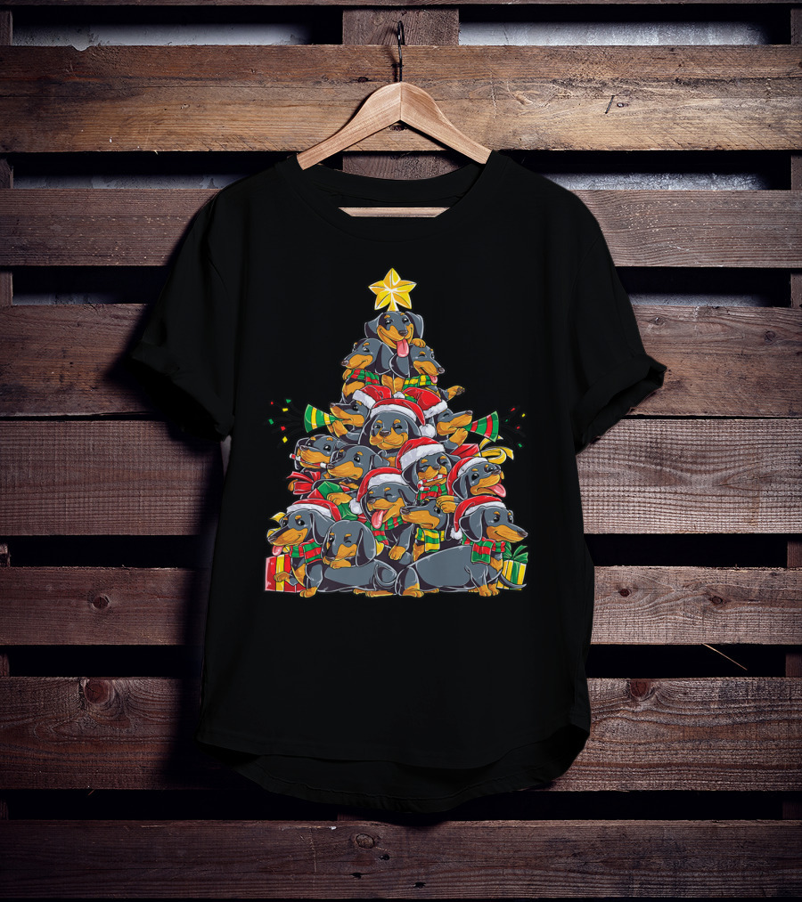 Dachshund Christmas Tree With Santa Hats And Gifts T-Shirt