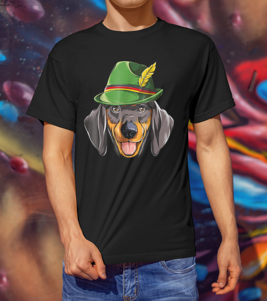 Dachshund Oktoberfest Kids Boys Lederhosen Dog In Green Hat With Feather T-Shirt