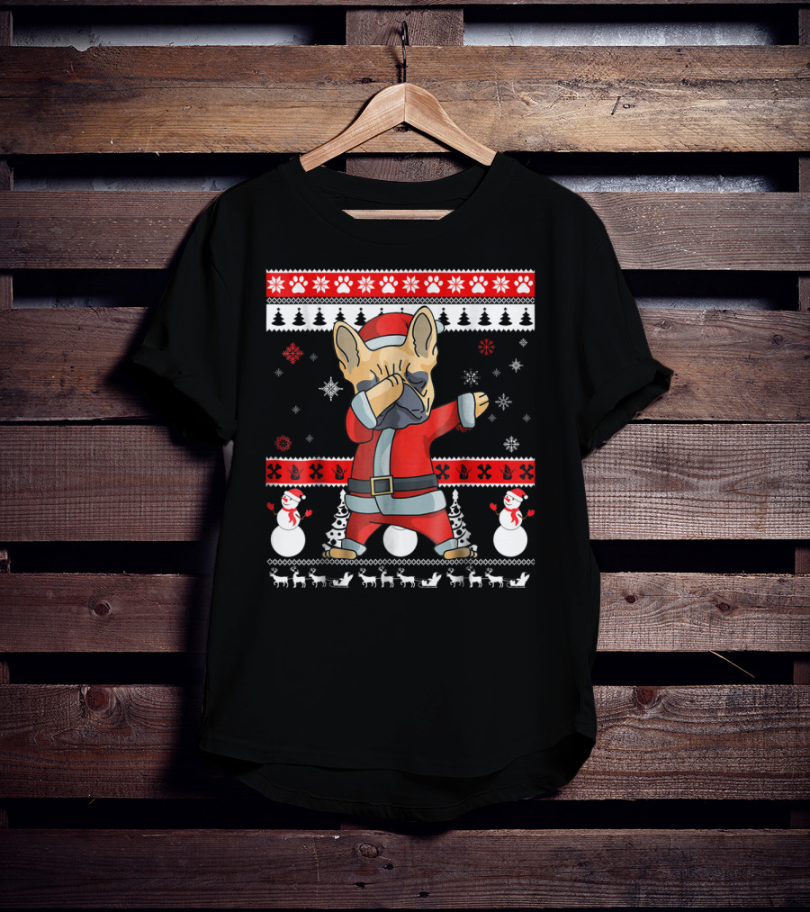 Dabbing French Bulldog Christmas Santa Ugly Sweater Snowflakes Snowmen T-Shirt