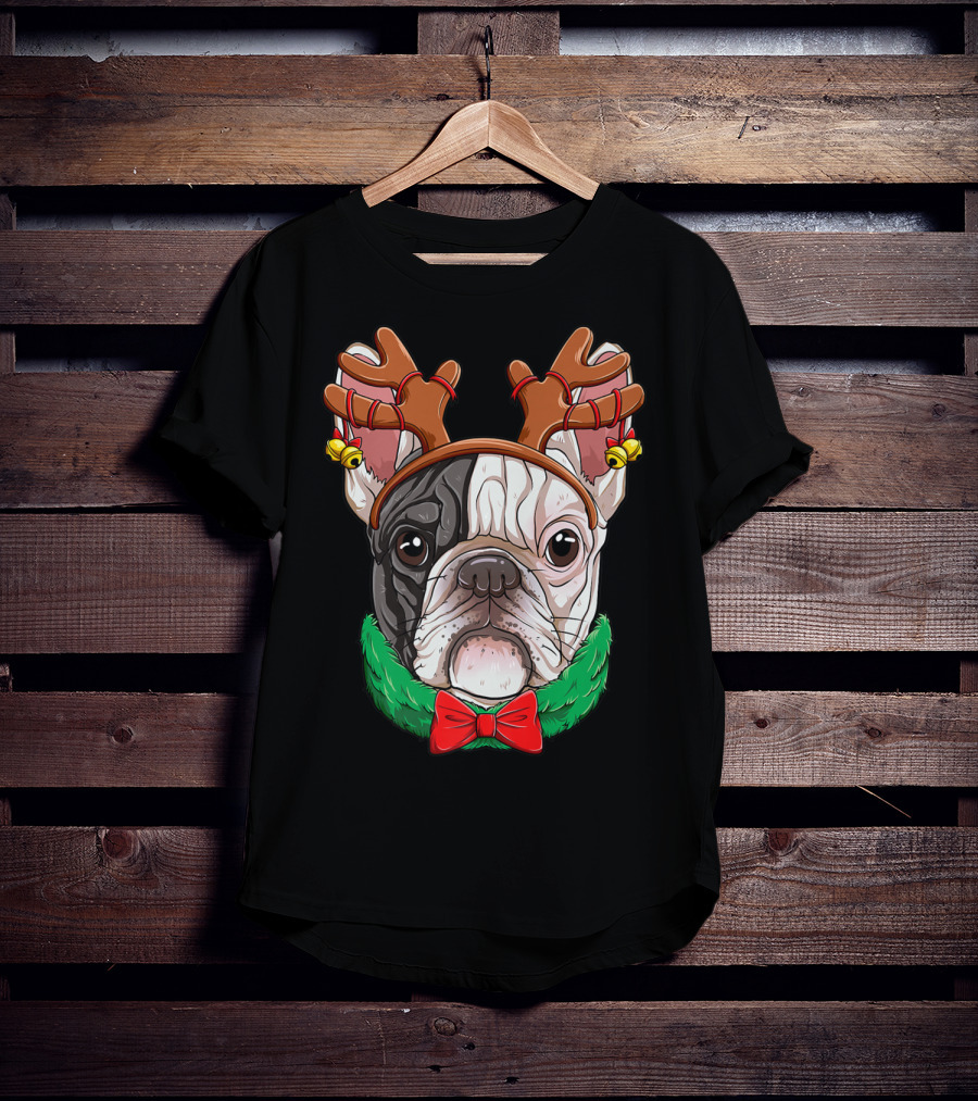 French Bulldog With Christmas Reindeer Antlers And Bow Tie T-Shirt