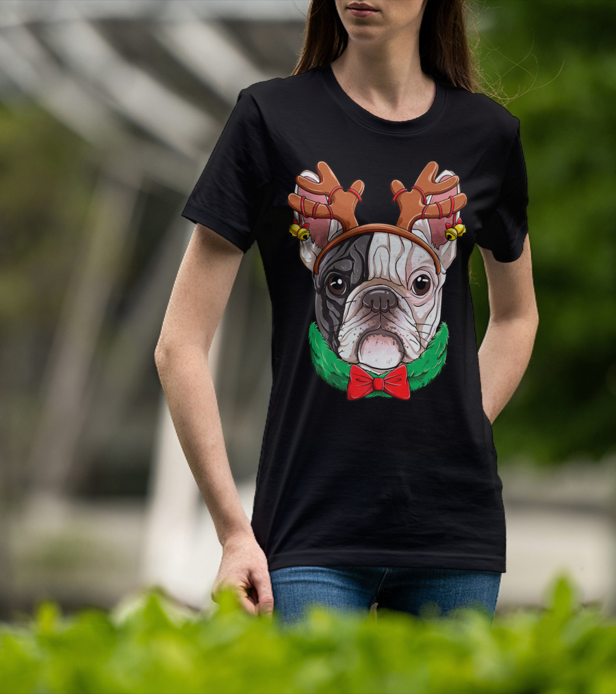 French Bulldog With Christmas Reindeer Antlers And Bow Tie T-Shirt