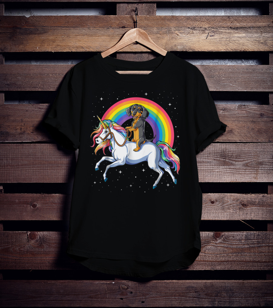 Dachshund Riding Unicorn Space Galaxy Rainbow Kids Women T-Shirt