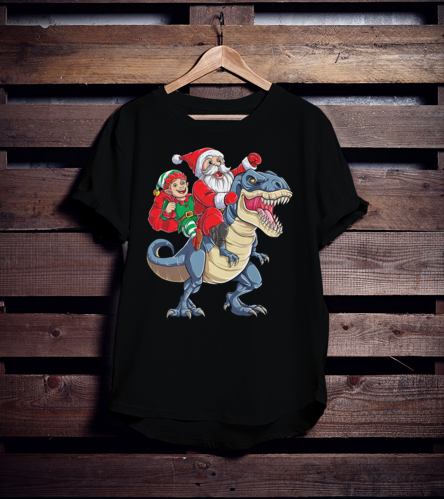 Dinosaur Christmas Boys Santa Elf Riding T-Rex Kids YP T-Shirt