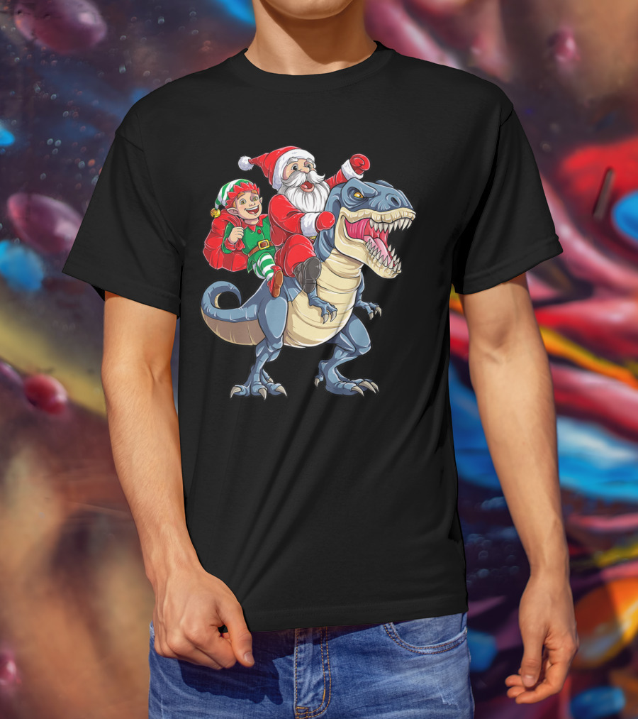 Dinosaur Christmas Boys Santa Elf Riding T-Rex Kids YP T-Shirt