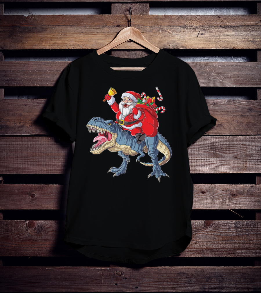 Santa Claus Riding Dinosaur With Bell And Holiday Gifts Christmas Boys Santa Rex Kids Xmas T3 T-Shirt