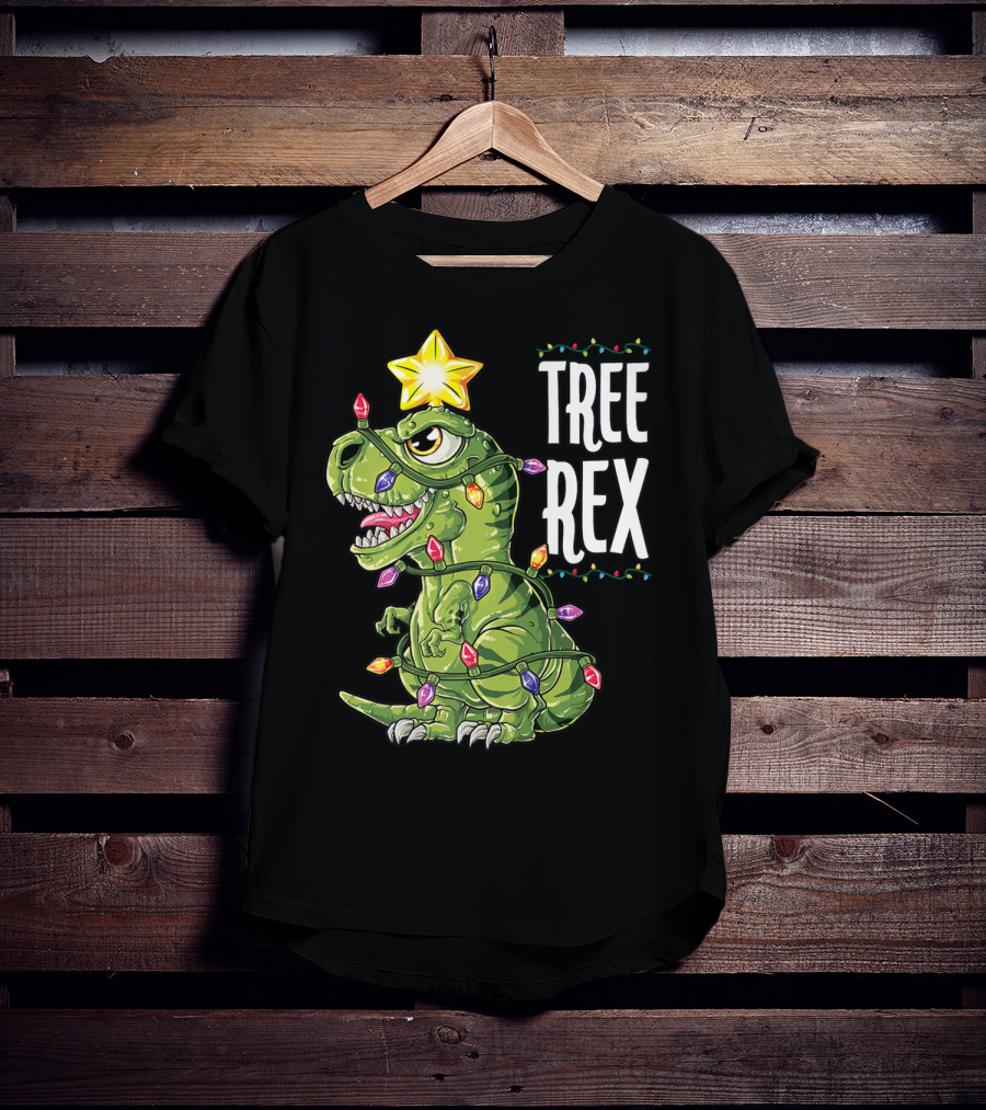 Tree Rex Dinosaur Christmas Lights And Star T-Shirt