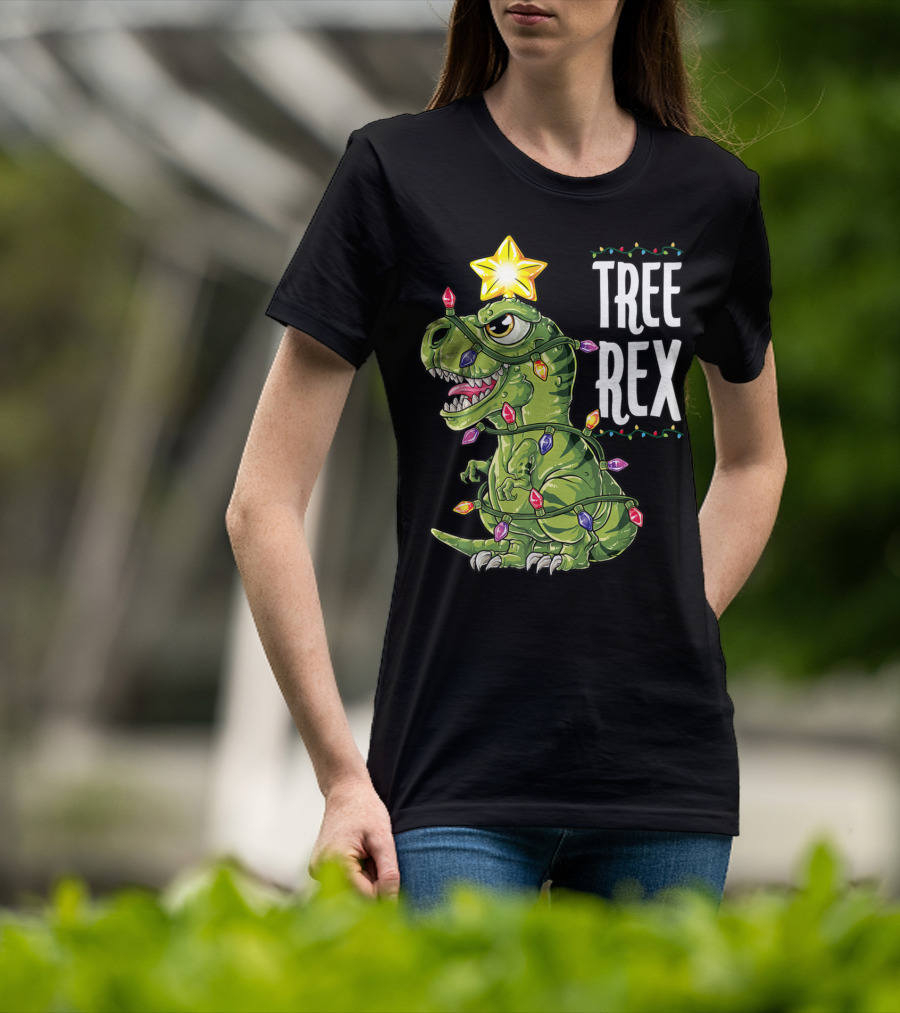 Tree Rex Dinosaur Christmas Lights And Star T-Shirt