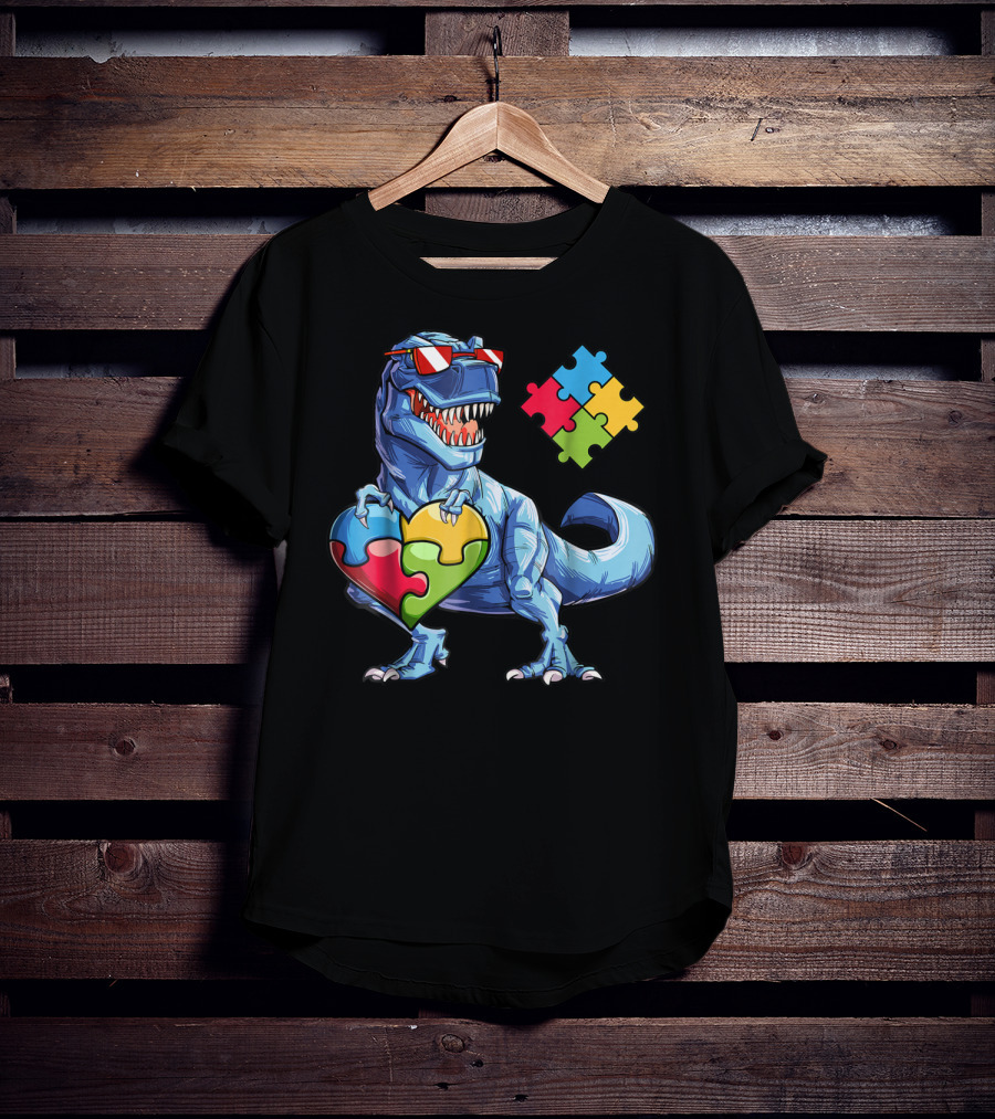 Dinosaur With Puzzle Pieces Heart Autism Awareness T-Shirt