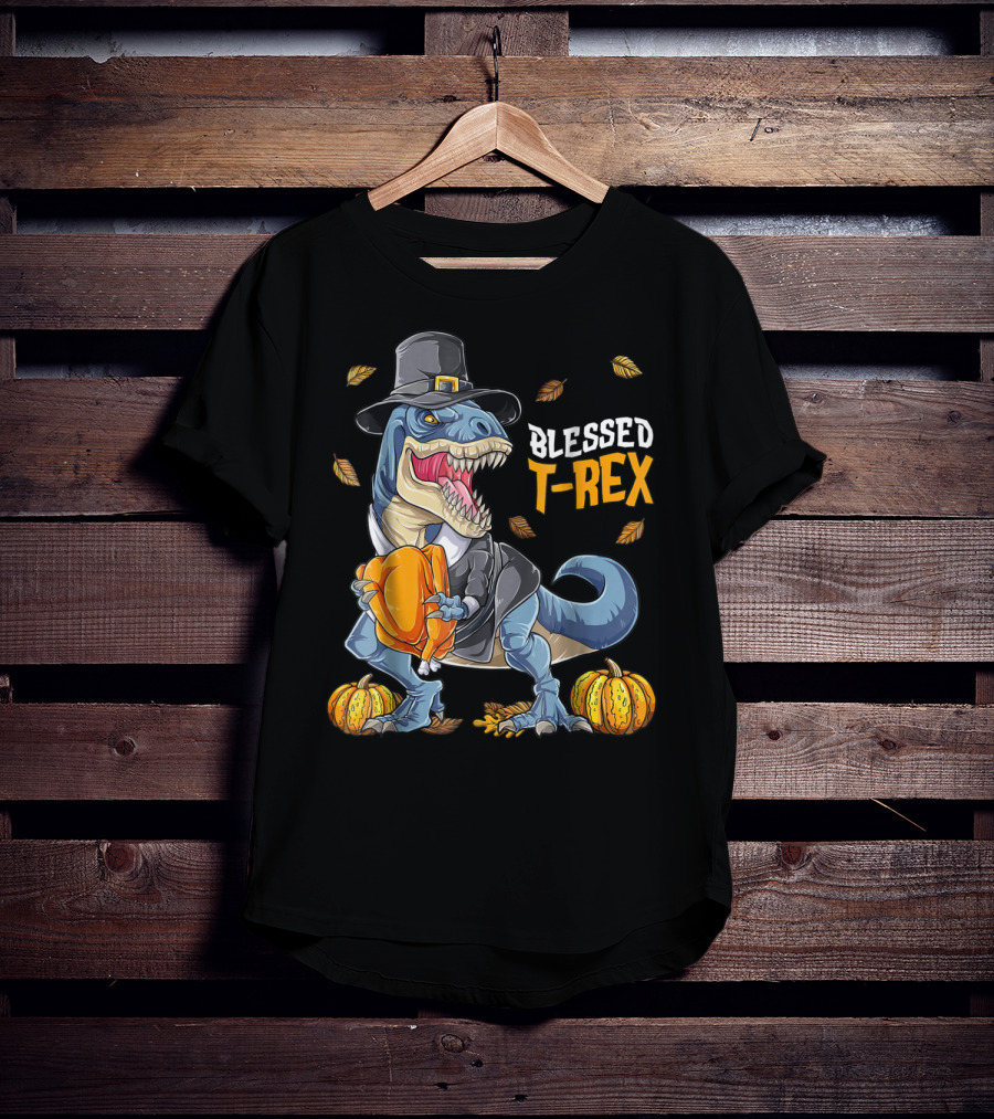 Blessed T-Rex Thanksgiving Pilgrim Dinosaur With Pumpkins T-Shirt