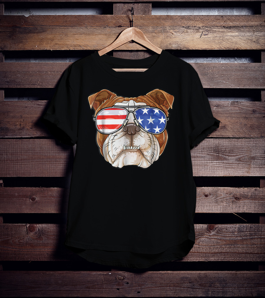 English Bulldog Wearing American Flag Sunglasses T-Shirt