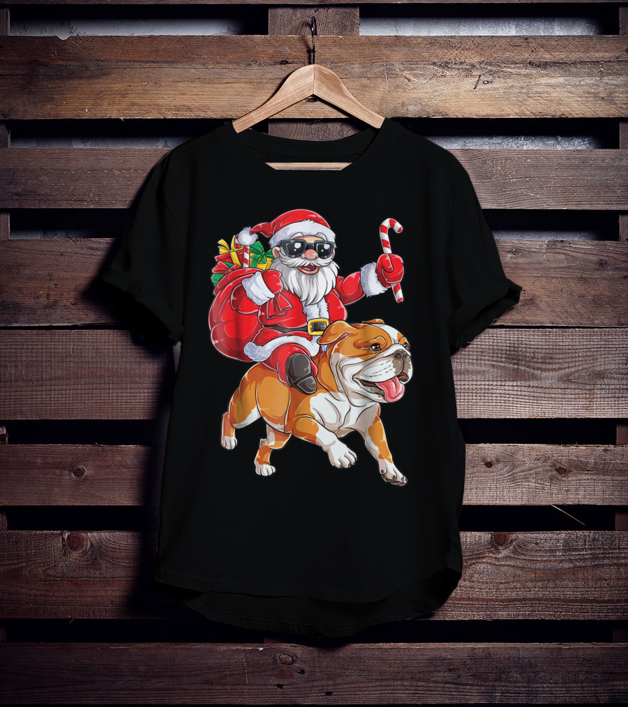 English Bulldog Santa Claus Riding With Candy Cane And Gifts Christmas Woofmas T-Shirt