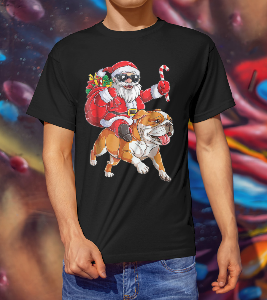English Bulldog Santa Claus Riding With Candy Cane And Gifts Christmas Woofmas T-Shirt