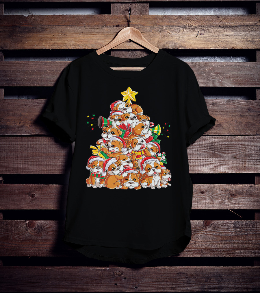 English Bulldog Xmas Tree Boys With Santa Hats And Christmas Cheer T-Shirt