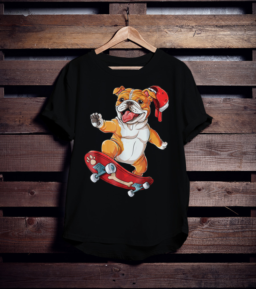 English Bulldog With Red Cap Skating On Bone Deck Skateboard T-Shirt