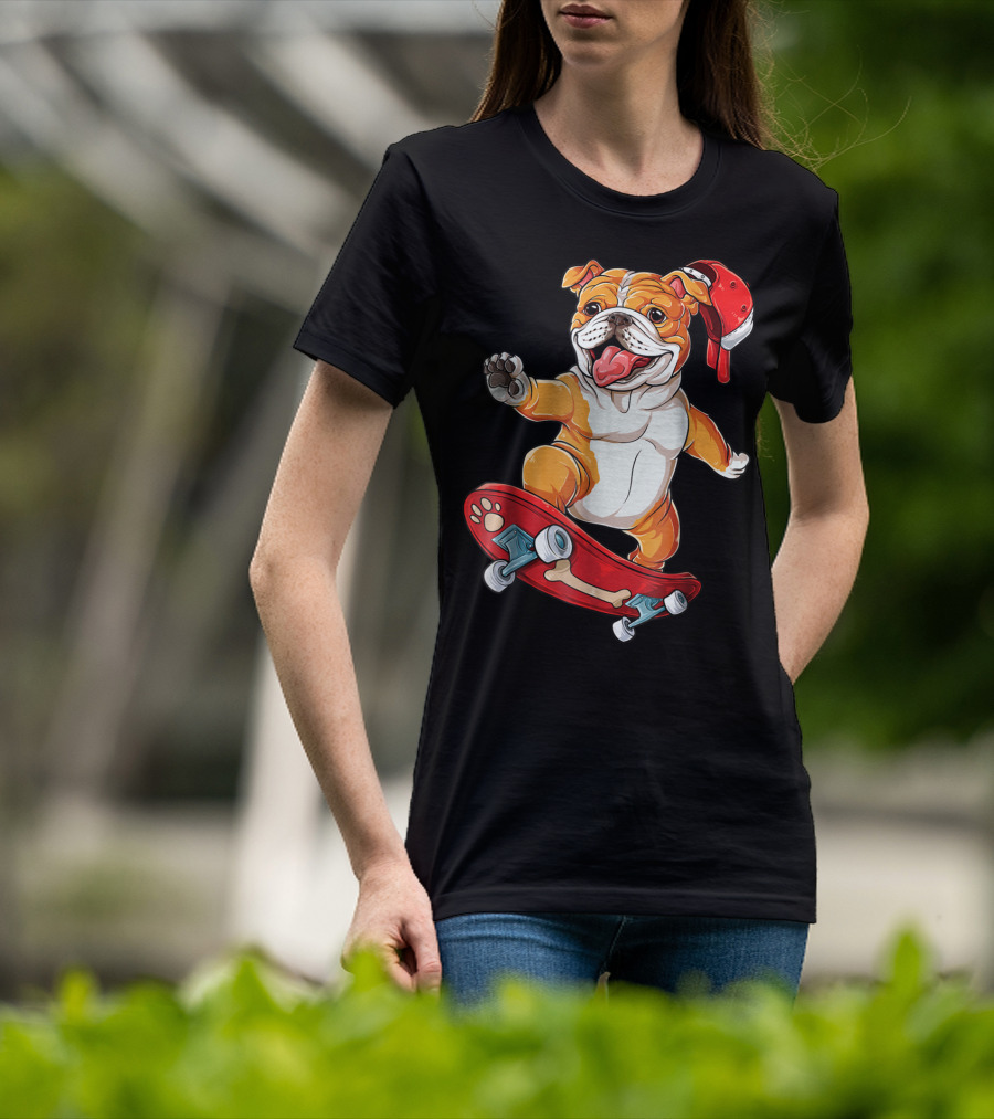 English Bulldog With Red Cap Skating On Bone Deck Skateboard T-Shirt
