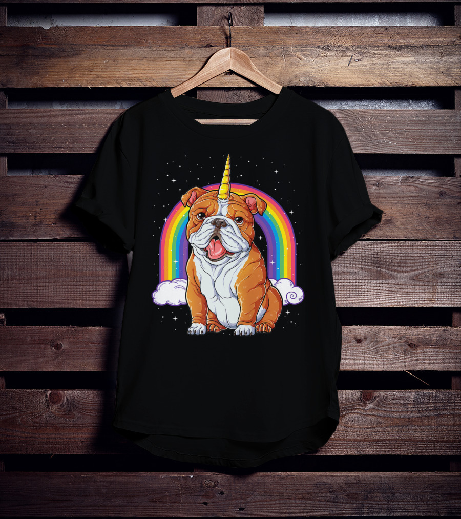 English Bulldog Unicorn Rainbow Space Galaxy T-Shirt
