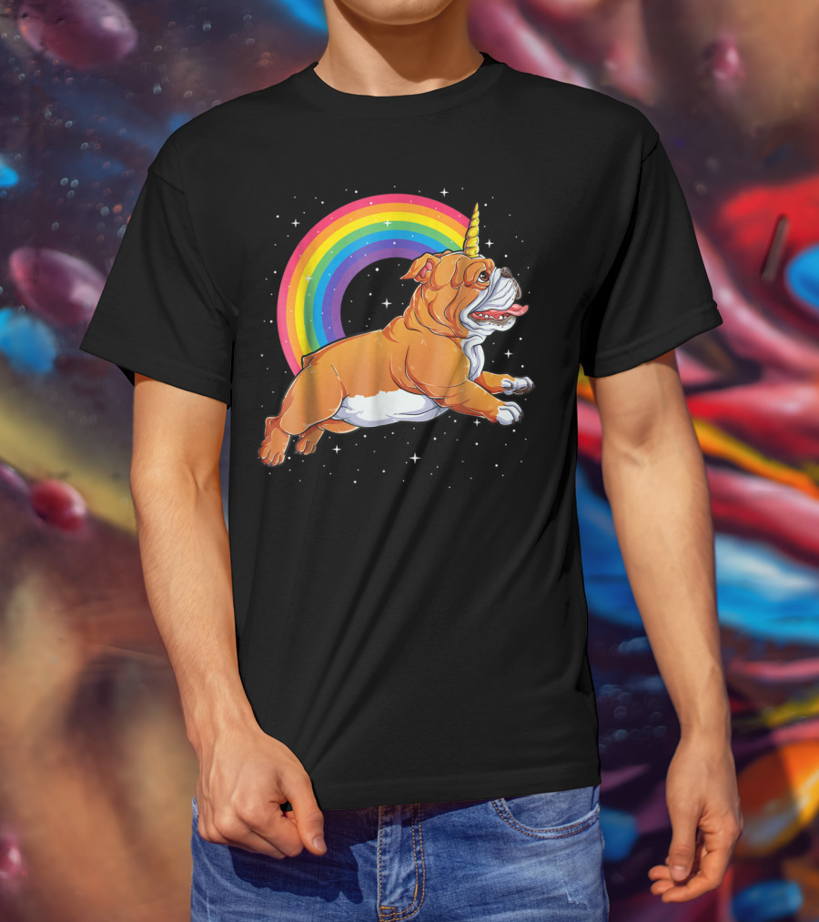 English Bulldog Unicorn Kids Space Rainbow Galaxy T-Shirt