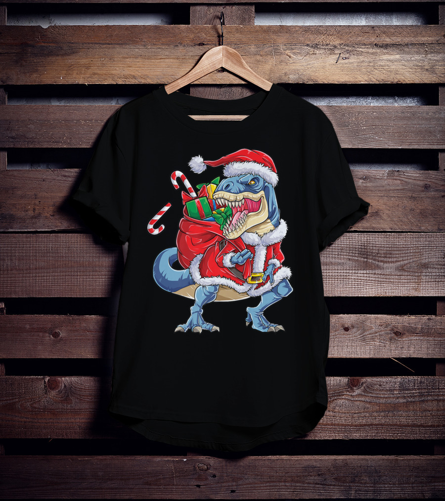 Dinosaur Christmas Boys Santa Rex With Candy Canes And Gifts T-Shirt