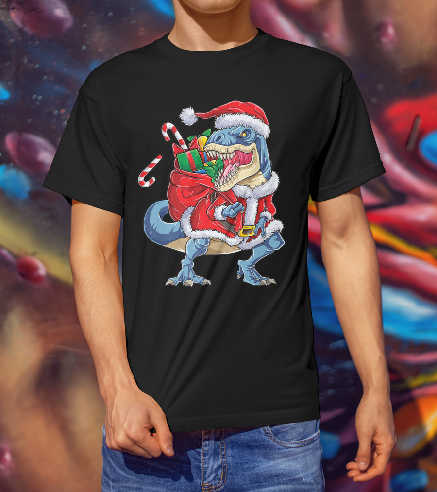 Dinosaur Christmas Boys Santa Rex With Candy Canes And Gifts T-Shirt