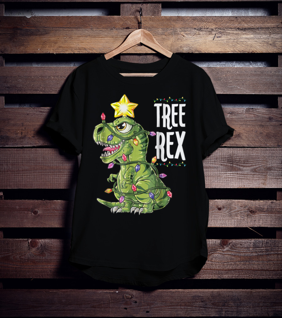Tree Rex Dinosaur Wrapped In Christmas Lights With Star T-Shirt