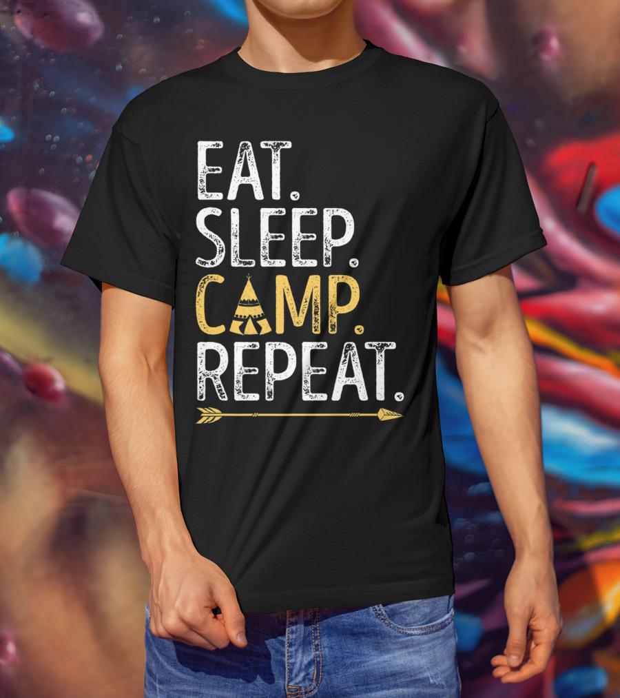 Eat Sleep Camp Repeat Camping Camper Tent Arrow T-Shirt