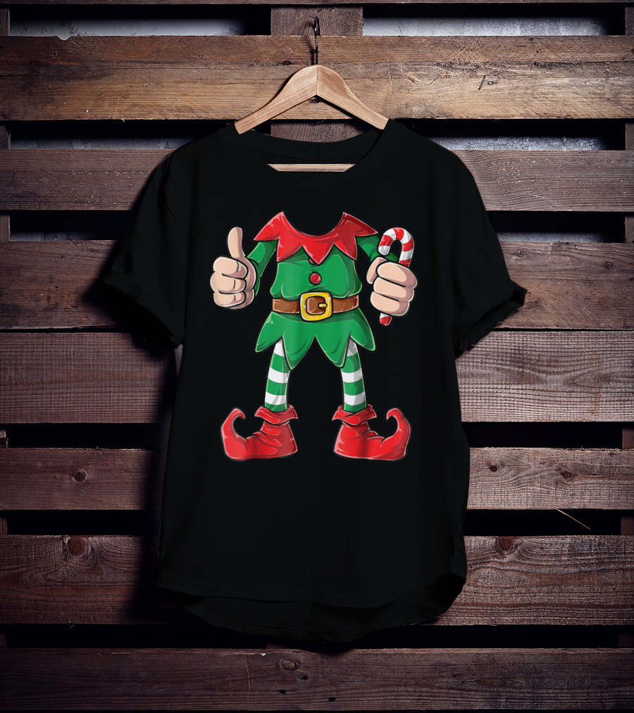 Elf Christmas Costume Holiday Outfit With Candy Cane And Thumbs Up For Girls Boys T-Shirt