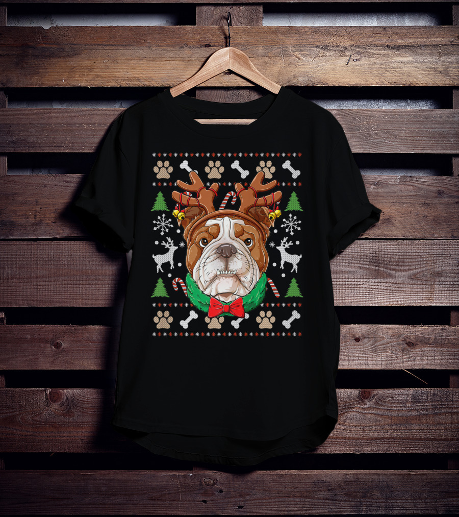 English Bulldog Reindeer Antlers Christmas Ugly T-Shirt