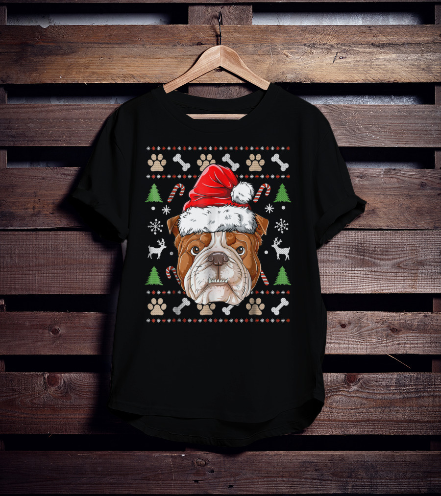 English Bulldog Santa Hat Ugly Christmas Sweater Paws Reindeer Bones Candy Canes T-Shirt