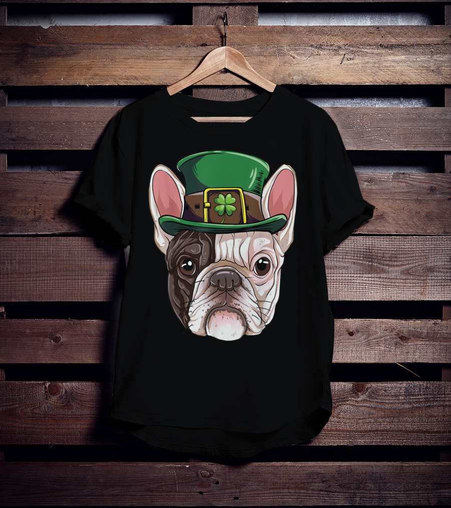French Bulldog Leprechaun St Patricks Day Dog Wearing Green Hat With Shamrock T-Shirt