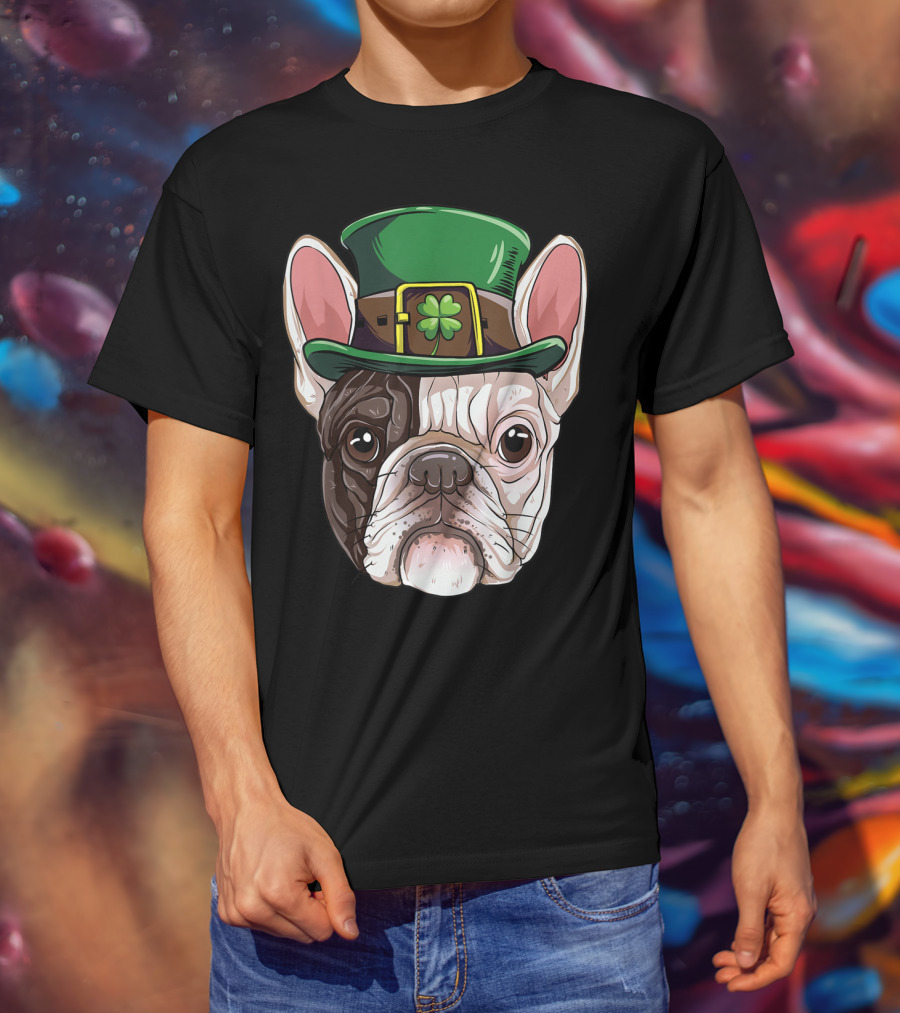 French Bulldog Leprechaun St Patricks Day Dog Wearing Green Hat With Shamrock T-Shirt