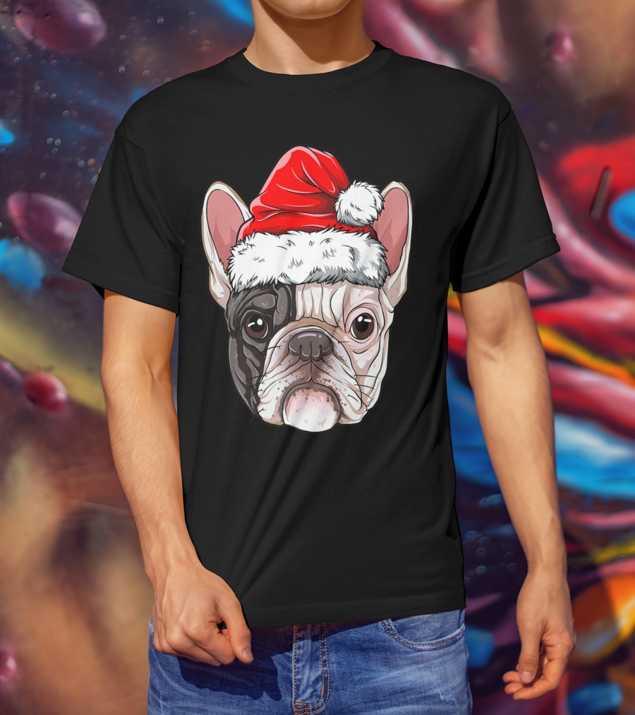 French Bulldog In Santa Hat Christmas T-Shirt