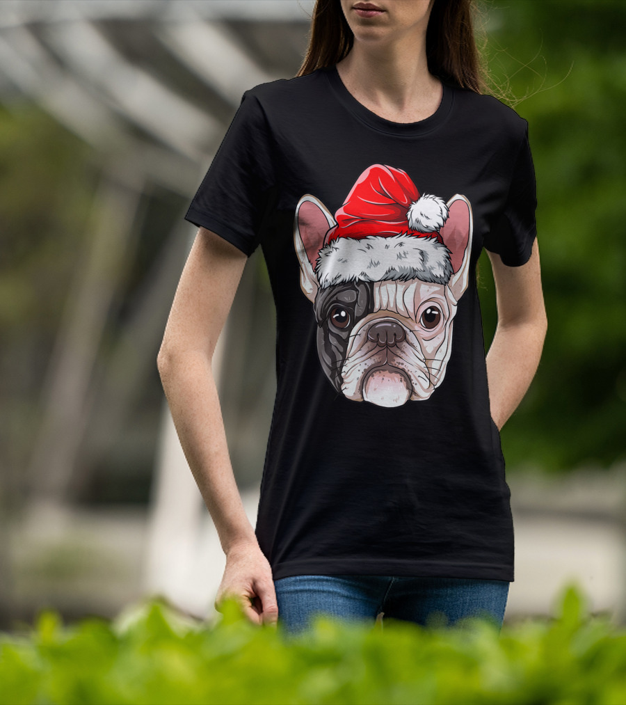 French Bulldog In Santa Hat Christmas T-Shirt