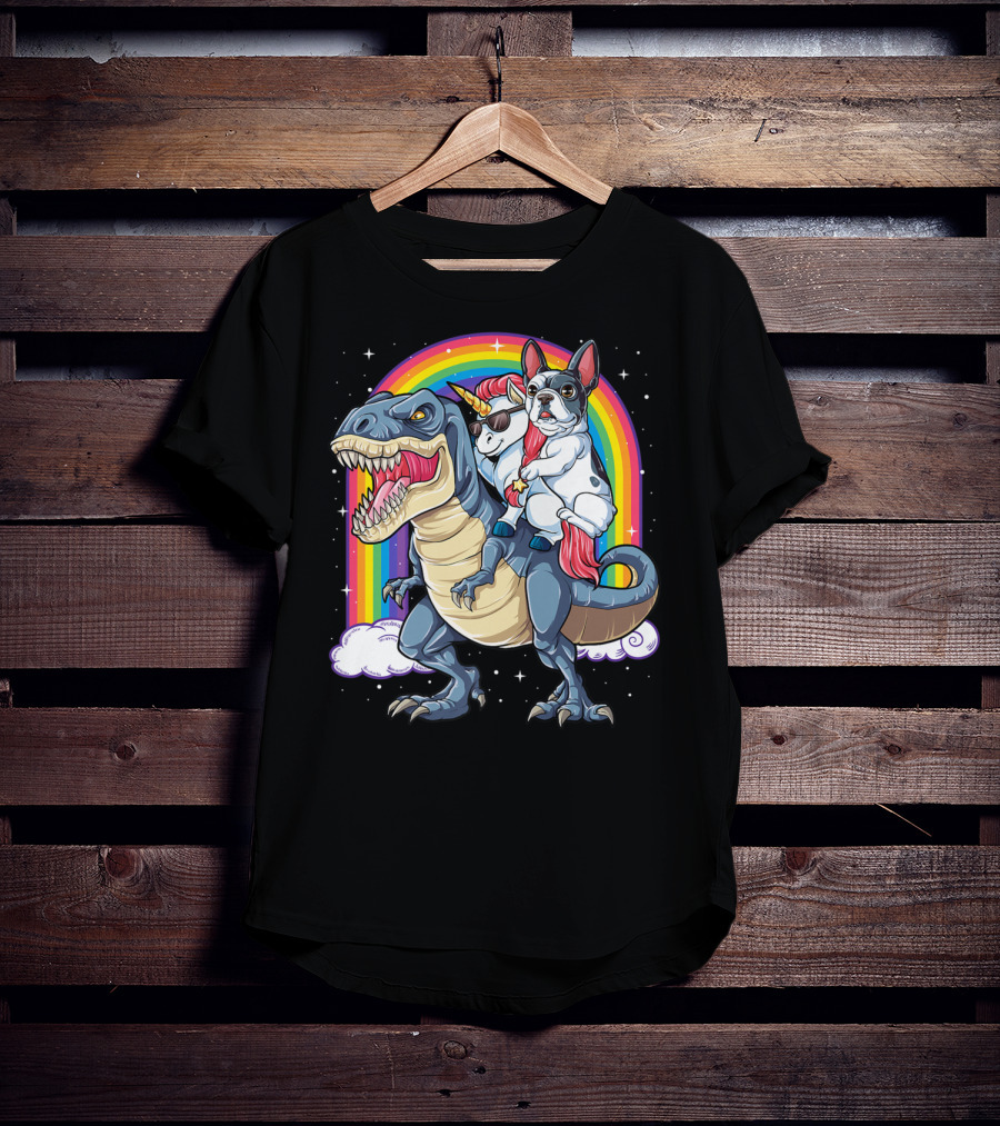 French Bulldog Unicorn Riding Dinosaur Rex With Rainbow Stars T-Shirt