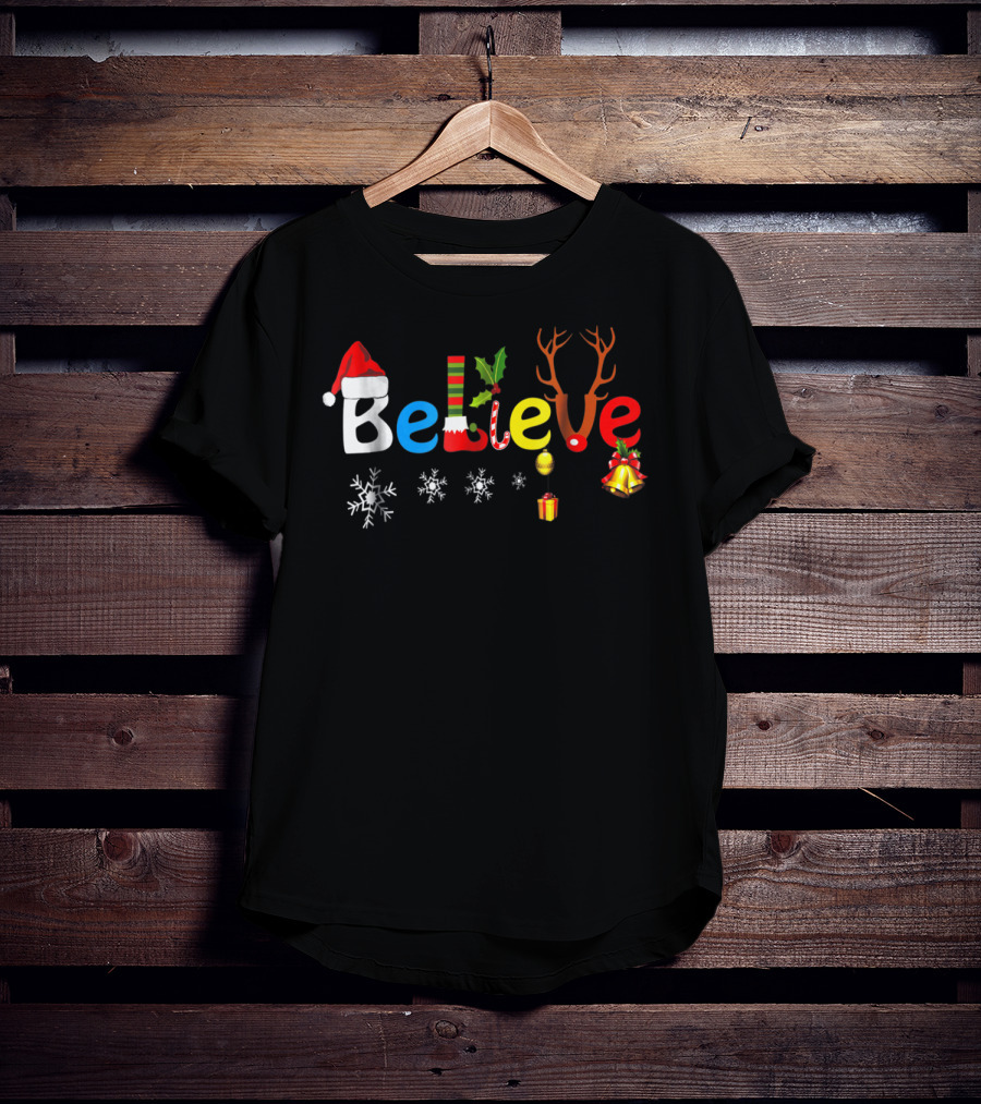 Believe In Santa Elf Reindeer Christmas Snowflakes And Bells T-Shirt