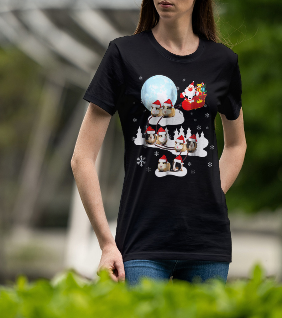 Santa Sleigh With Christmas Guinea Pigs And Snowflakes T-Shirt