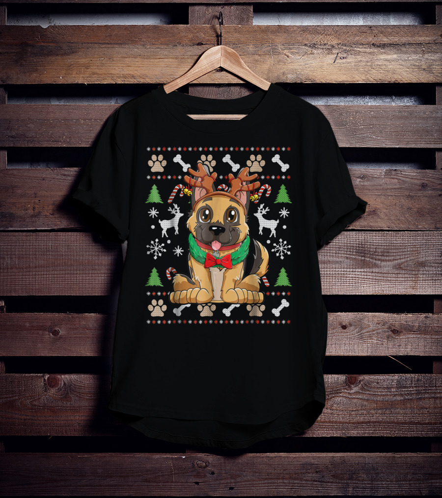 German Shepherd Dog With Reindeer Antlers Christmas Holiday T-Shirt
