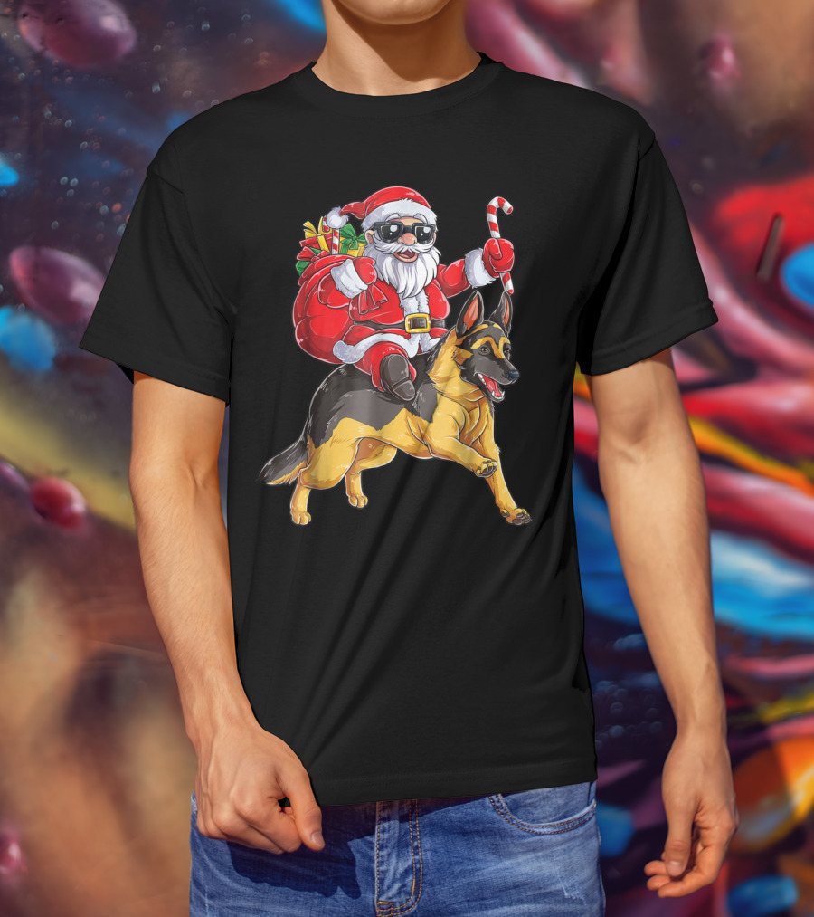 German Shepherd Christmas Santa Claus Riding With Candy Cane Woofmas T8 T-Shirt