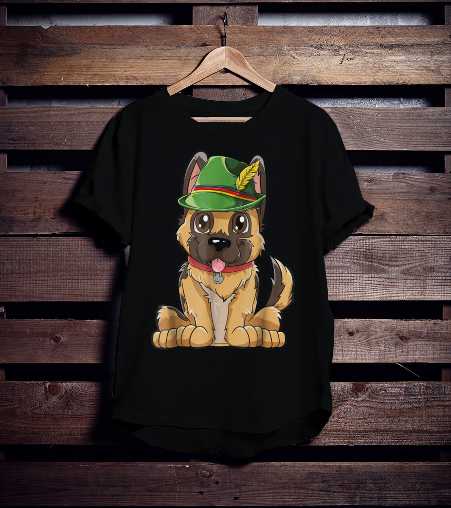 Cute German Shepherd Dog With Oktoberfest Hat Boys Lederhosen T-Shirt