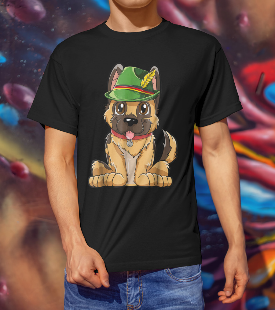 Cute German Shepherd Dog With Oktoberfest Hat Boys Lederhosen T-Shirt