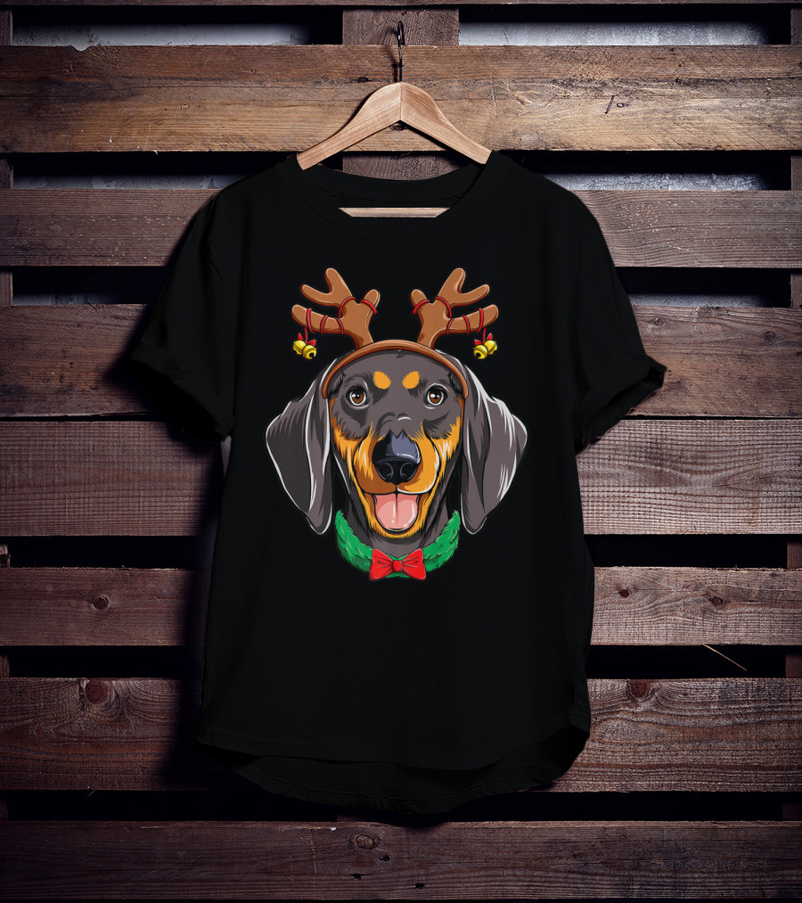 Dachshund With Christmas Reindeer Antlers And Festive Dog Bowtie T-Shirt